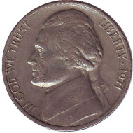 Монета 5 центов. 1971 год (P), США. Джефферсон. Монтичелло. Монета 5 центов. 1971 год (P), США. Джефферсон. Монтичелло.