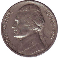 Джефферсон. Монтичелло. Монета 5 центов. 1971 год (P), США.