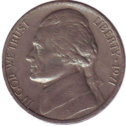 Монета 5 центов. 1971 год (P), США. Джефферсон. Монтичелло.