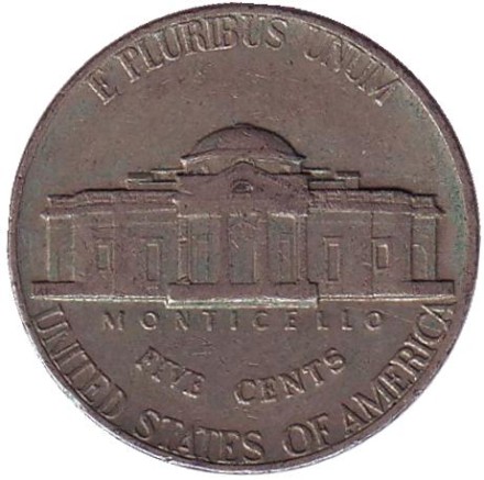 Монета 5 центов. 1971 год (P), США. Джефферсон. Монтичелло.