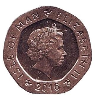 Монета 20 пенсов. 2016 год, Остров Мэн. Часы замка Рашен.