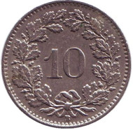 Монета 10 раппенов. 1959 год, Швейцария. Монета 10 раппенов. 1959 год, Швейцария.