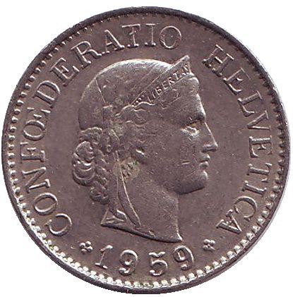 Монета 10 раппенов. 1959 год, Швейцария. Монета 10 раппенов. 1959 год, Швейцария.
