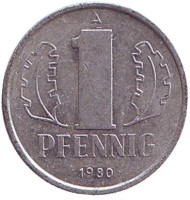 Монета 1 пфенниг. 1980 год, ГДР. Монета 1 пфенниг. 1980 год, ГДР.