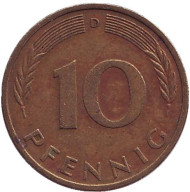Монета 10 пфеннигов. 1974 год (D), ФРГ. Дубовые листья. Монета 10 пфеннигов. 1974 год (D), ФРГ. Дубовые листья.