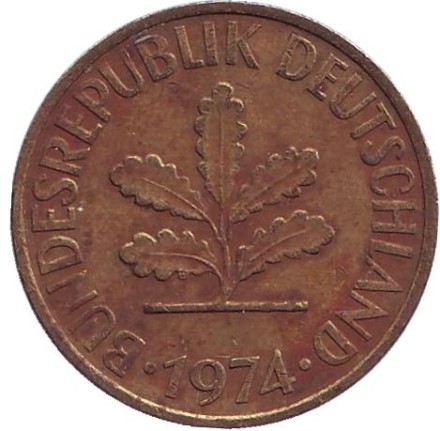 Монета 10 пфеннигов. 1974 год (D), ФРГ. Дубовые листья. Монета 10 пфеннигов. 1974 год (D), ФРГ. Дубовые листья.