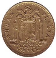 Монета 1 песета. 1975 год, Испания. (77 внутри звезды). Монета 1 песета. 1975 год, Испания. (77 внутри звезды).