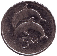 Монета 5 крон. 1999 год, Исландия. Дельфины. Монета 5 крон. 1999 год, Исландия. Дельфины.