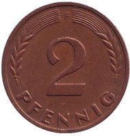 Монета 2 пфеннига. 1969 год (F), ФРГ. Дубовые листья. Монета 2 пфеннига. 1969 год (F), ФРГ. Дубовые листья.