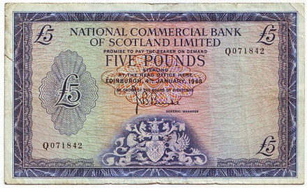 Банкнота 5 фунтов. 1968 год, Шотландия. Тип 2.