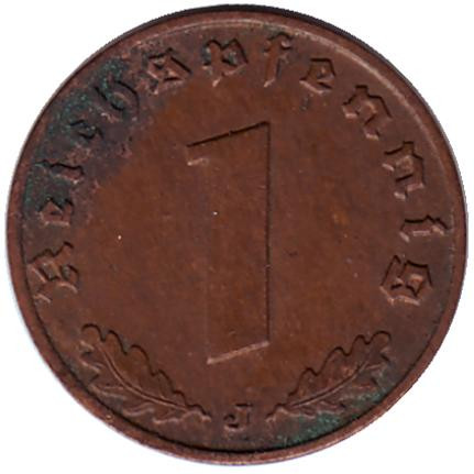 Монета 1 рейхспфенниг. 1939 год (J), Германия (Третий Рейх).