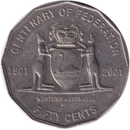 Монета 50 центов. 2001 год, Австралия. 100-летие федерации. Западная Австралия.