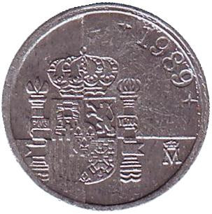 Монета 1 песета. 1989 год, Испания. (Новый тип)