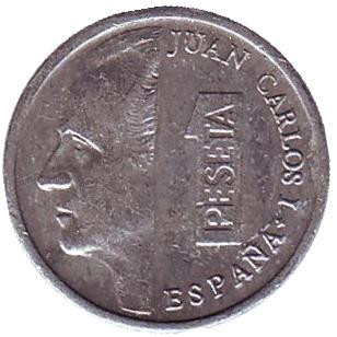 Монета 1 песета. 1989 год, Испания. (Новый тип)