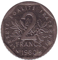 Монета 2 франка. 1980 год, Франция. Монета 2 франка. 1980 год, Франция.