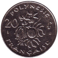 Монета 20 франков. 1998 год, Французская Полинезия. Плод хлебного дерева, стручки ванили. Монета 20 франков. 1998 год, Французская Полинезия. Плод хлебного дерева, стручки ванили.