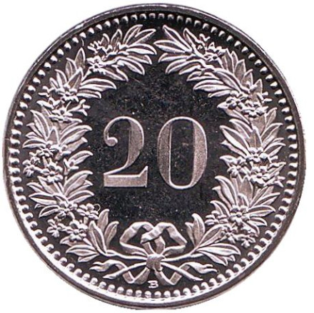 Монета 20 раппенов. 2017 год, Швейцария. UNC.