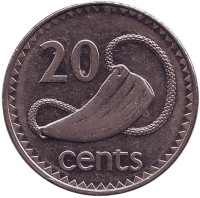 Культовый атрибут Tabua (зуб кита) на плетеном шнурке. Монета 20 центов. 1997 год, Фиджи.