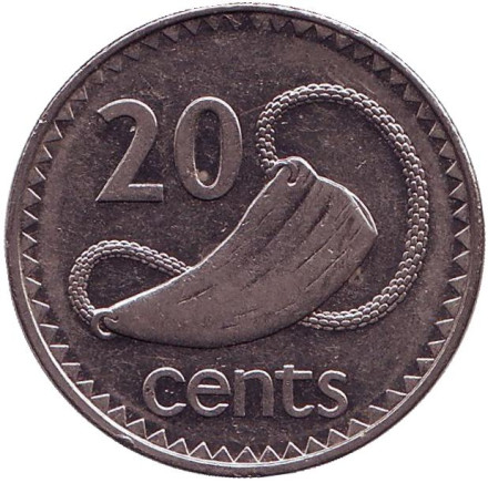 Монета 20 центов. 1997 год, Фиджи. Культовый атрибут Tabua (зуб кита) на плетеном шнурке.