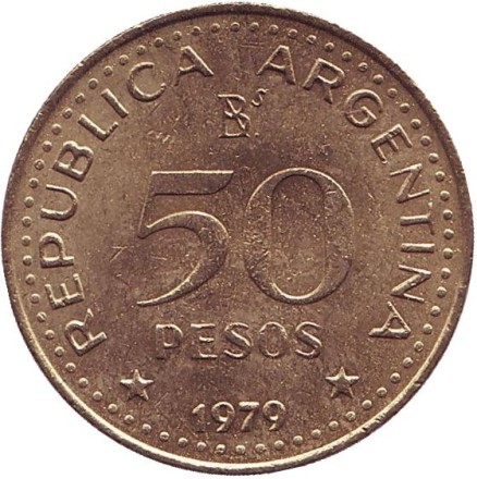 Монета 50 песо. 1979 год, Аргентина. 100 лет завоевания Патагонии. Монета 50 песо. 1979 год, Аргентина. 100 лет завоевания Патагонии.