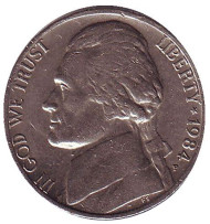 Монета 5 центов. 1984 год (P), США. Джефферсон. Монтичелло. Монета 5 центов. 1984 год (P), США. Джефферсон. Монтичелло.