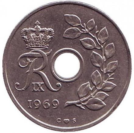 Монета 25 эре. 1969 год, Дания. Монета 25 эре. 1969 год, Дания.