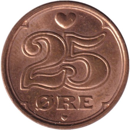 Монета 25 эре. 2008 год, Дания. Монета 25 эре. 2008 год, Дания.
