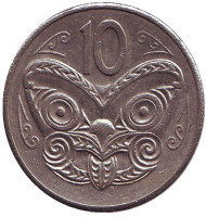Монета 10 центов. 1981 год, Новая Зеландия. Маска маори.