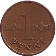 Монета 1 пенни. 1967 год, Финляндия. Монета 1 пенни. 1967 год, Финляндия.