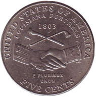 Монета 5 центов. 2004 год (P), США. Из обращения. Покупка Луизианы. Монета 5 центов. 2004 год (P), США. Из обращения. Покупка Луизианы.