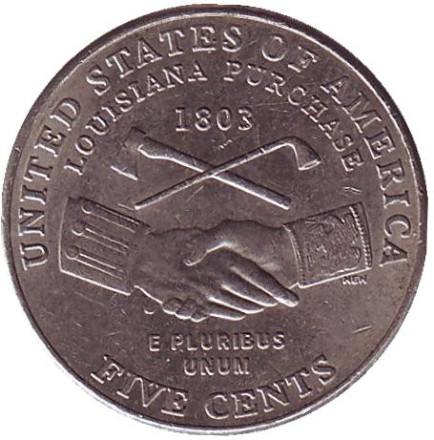 Монета 5 центов. 2004 год (P), США. Из обращения. Покупка Луизианы.