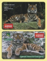 Комплект из 2-х транспортных карт "Золотая корона". 2025 год, Владивосток. Амурский Тигр и Тигрица с тигренком. Комплект из 2-х транспортных карт "Золотая корона". 2025 год, Владивосток. Амурский Тигр и Тигрица с тигренком.