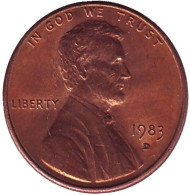 Монета 1 цент. 1983 год (D), США. Линкольн. Монета 1 цент. 1983 год (D), США. Линкольн.