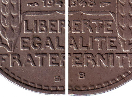Монета 10 франков. 1948-B год, Франция. Тип 2. Литера "B" приспущена.