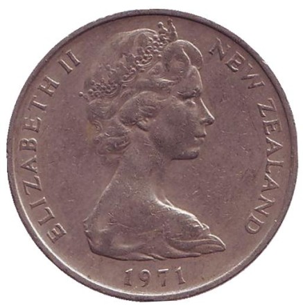 Монета 10 центов. 1971 год, Новая Зеландия. Из обращения. Маска маори.