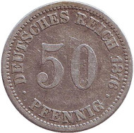 Монета 50 пфеннигов. 1876 год (A), Германская империя. Монета 50 пфеннигов. 1876 год (A), Германская империя.