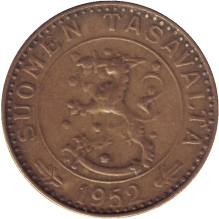 Монета 20 марок. 1952 год, Финляндия. Редкая!