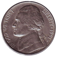 Монета 5 центов. 1991 год (P), США. Джефферсон. Монтичелло. Монета 5 центов. 1991 год (P), США. Джефферсон. Монтичелло.