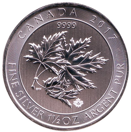 Монета 8 долларов. 2017 год, Канада. Кленовые листья.