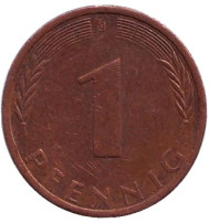 Монета 1 пфенниг. 1975 год (J), ФРГ. Дубовые листья. Монета 1 пфенниг. 1975 год (J), ФРГ. Дубовые листья.