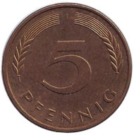 Монета 5 пфеннигов. 1992 год (J), ФРГ. Дубовые листья. Монета 5 пфеннигов. 1992 год (J), ФРГ. Дубовые листья.