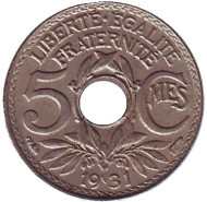 Монета 5 сантимов. 1931 год, Франция. Монета 5 сантимов. 1931 год, Франция.