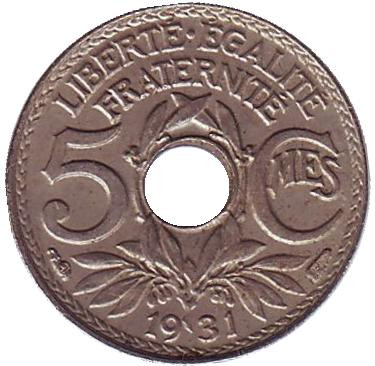 Монета 5 сантимов. 1931 год, Франция.