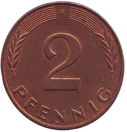 Монета 2 пфеннига. 1987 год (F), ФРГ. Дубовые листья.