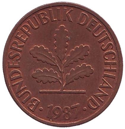 Монета 2 пфеннига. 1987 год (F), ФРГ. Дубовые листья. Монета 2 пфеннига. 1987 год (F), ФРГ. Дубовые листья.