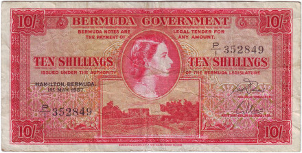 Банкнота 10 шиллингов. 1957 год, Бермудские острова.