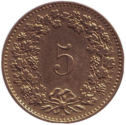 Монета 5 раппенов. 2002 год, Швейцария.