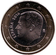 Монета 1 евро. 2016 год, Испания.