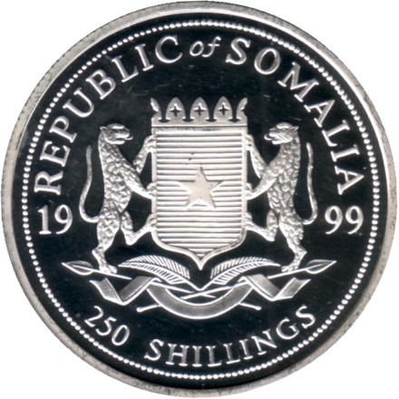 Монета 250 шиллингов. 1999 год, Сомали. Жирафы. Монета 250 шиллингов. 1999 год, Сомали. Жирафы.