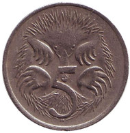 Монета 5 центов. 1976 год, Австралия. Ехидна. Монета 5 центов. 1976 год, Австралия. Ехидна.